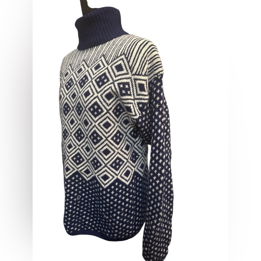 1980’s ESPRIT LAMBSWOOL VINTAGE Nordic Fair Isle Blue White Sweater Cardigan MED